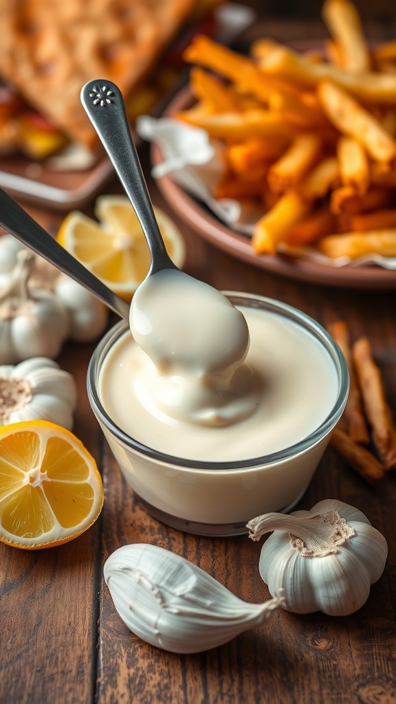 A bowl of creamy garlic mayonnaise with garlic cloves and lemon on a wooden table, next to fries and a sandwich.